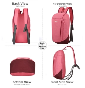 Multi-angle view of rose red sports backpack with breathable mesh straps and reinforced base