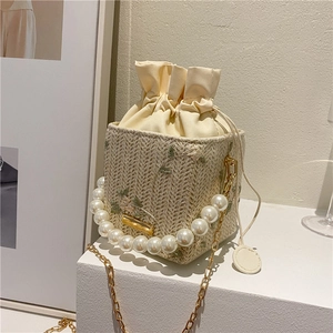 Mini Straw Bucket Bag With Artificial Pearl Handle Floral Embroidery Drawstring Metal Chain Crossbody Handbag For Women