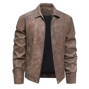 Herren Amerikanisches Vintage Kunstleder Jacke Reverskragen Reißverschluss Vorne Bomberjacke Einfarbig Lässig Herbstmantel