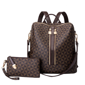 Brown geometric pattern backpack and pouch set in premium leather for stylish travel