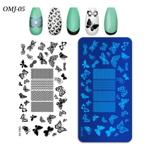 Détails de motifs de papillons et dentelle sur la plaque de stamping nail art OMJ-05