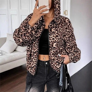 Detail of leopard print hooded jacket with zipper closure and adjustable drawstrings