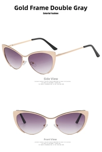 Detail view of gold cat-eye metal frames with gradient lenses from front and side angles