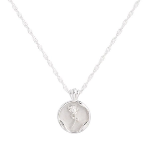 Minimalist silver necklace with delicate water wave chain and rose relief pendant