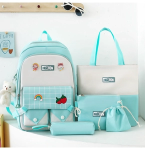 Detailed five-piece set student backpack including tote and pouch in mint green canvas