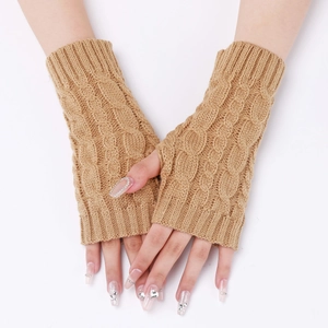 Winter khaki knitted fingerless gloves with cable knit pattern for warmth