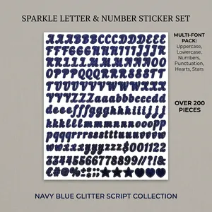Close-up of glittery dark blue alphabet and number stickers with sparkling fabric texture