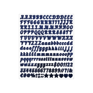 Close-up of glittery dark blue alphabet and number stickers with sparkling fabric texture