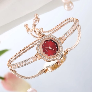 Luxurious rose gold watch with red flower dial and pearl rhinestone bracelet