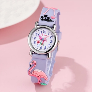 Kids quartz watch featuring cute flamingo 3D patterns and colorful silicone strap