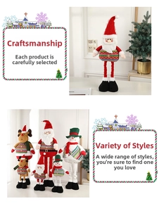 Detail of plush Christmas doll collection including Santa, reindeer, and snowman with long legs