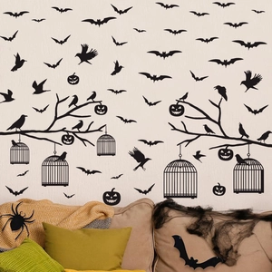 Halloween wall decals with black bats, crows, and pumpkins for spooky home decoration
