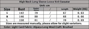 Size chart table for oversized alpaca wool turtleneck sweater showing S M L dimensions