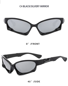 Front and side views of Y2K sunglasses with black frames and silver mirrored lenses