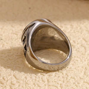 Vintage stainless steel ring with antique silver finish and cross engraving details