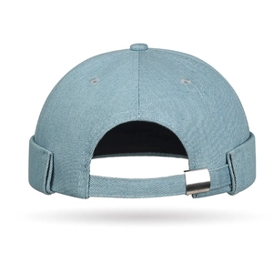 Retro light blue denim brimless dockercap with adjustable silver metal buckle back