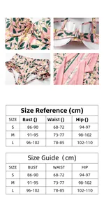 Detailed size guide chart for floral high waist bikini set with S, M, L measurements