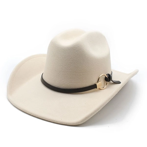 Beige wide brim western cowboy hat with black leather band and golden metal ring