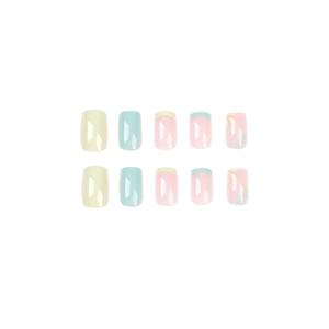 Short square press-on nails with yellow and blue French tips and floral patterns