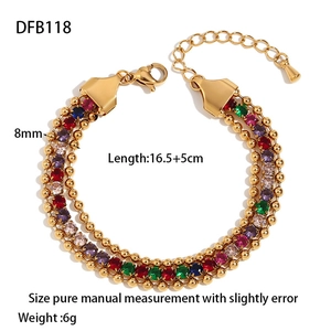 Detailed view of 8mm triple-layer gold bracelet with colorful zircon stones and lobster clasp