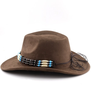 Detailed view of suede cowboy hat with turquoise ethnic beaded band and stitching