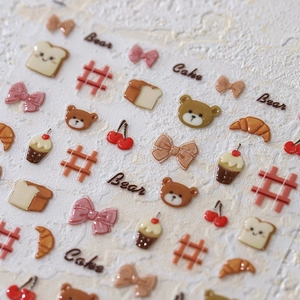 3D Relief Nail Art Stickers Cartoon Bear Cake Dessert Pattern Adhesive DIY Manicure Decoration Sweet Kawaii Style