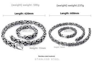 Comparison of two sizes of Byzantine stainless steel necklace and bracelet sets for men