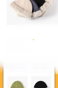 Detail of winter knitted bucket hat featuring plush faux fur trim in multiple colors