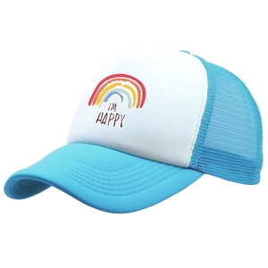 Blue and white trucker hat with mesh back featuring rainbow print and I'M HAPPY slogan
