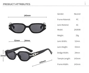 Detailed size chart of cat-eye sunglasses showing frame width, lens height, and temple length