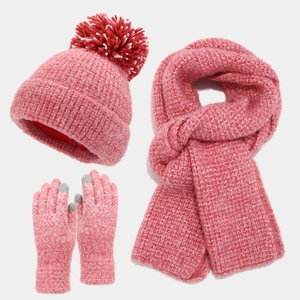 Winter Warm Knit Beanie Hat With Pom Pom Long Scarf And Touchscreen Gloves Thick Acrylic For Cold Weather
