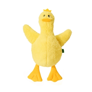 Funny yellow plush duck dog squeaky toy with crown and soft fur for pet entertainment