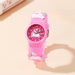 Pink kids quartz watch with 3D unicorn rainbow strap and clear analog dial for students