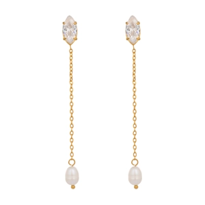 Macro shot of gold tassel earrings featuring marquise cubic zirconia and teardrop pearls