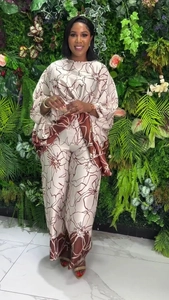 Silky two-piece plus size set with brown floral prints on a creamy white base