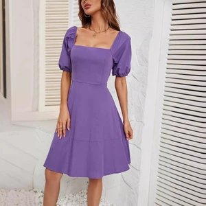 Elegant purple square neck puff sleeve dress for women featuring a minimalist summer style