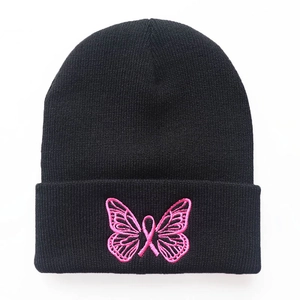 Butterfly Embroidery Knitted Beanie Hat Warm Winter Acrylic Cuffed Skull Cap For Women Men Pink Ribbon Awareness Soft