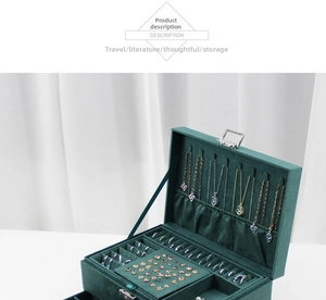 Three-layer dark green velvet jewelry box with necklace hooks and ring storage slots