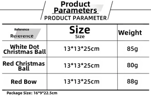 Detailed size and weight chart for mini Christmas trees with red pine needles and ornaments