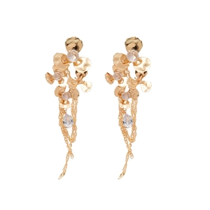 Sparkling zircon flower drop tassel earrings with gold finish and long metal chain dangles