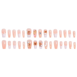 Pink gradient long trapezoid press-on nails with 3D bear charms and star patterns