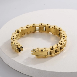 Polished gold industrial link chain bracelet in stainless steel for men's rock style