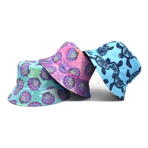 Reversible Cotton Bucket Hat Ocean Animal Shell Turtle Print Summer Sun Protection Beach Basin Cap