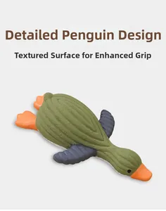 Detail showing the green penguin pet toy texture for enhanced grip and slip resistance