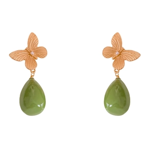 Boucles d'oreilles papillon dorées vintage avec pendentifs en résine verte et perle