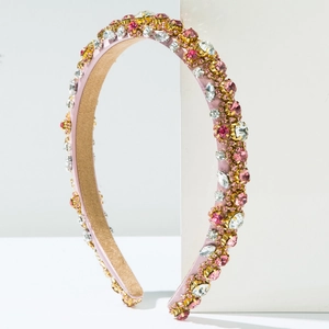 French Baroque padded headband with multi-color sparkling crystals and pink fabric