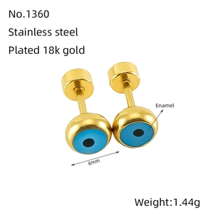 Close-up detail of 6mm blue evil eye stud earrings in 18K gold plated stainless steel