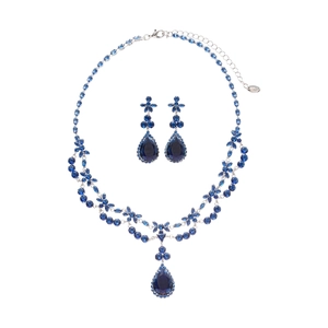 Luxury zircon flower water drop pendant necklace and earrings set in deep blue and silver