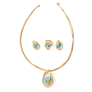 Golden jewelry set with turquoise globe pendants including necklace, earrings and ring