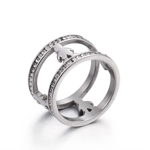 Polished silver titanium steel double-layer ring with sparkling pave crystals